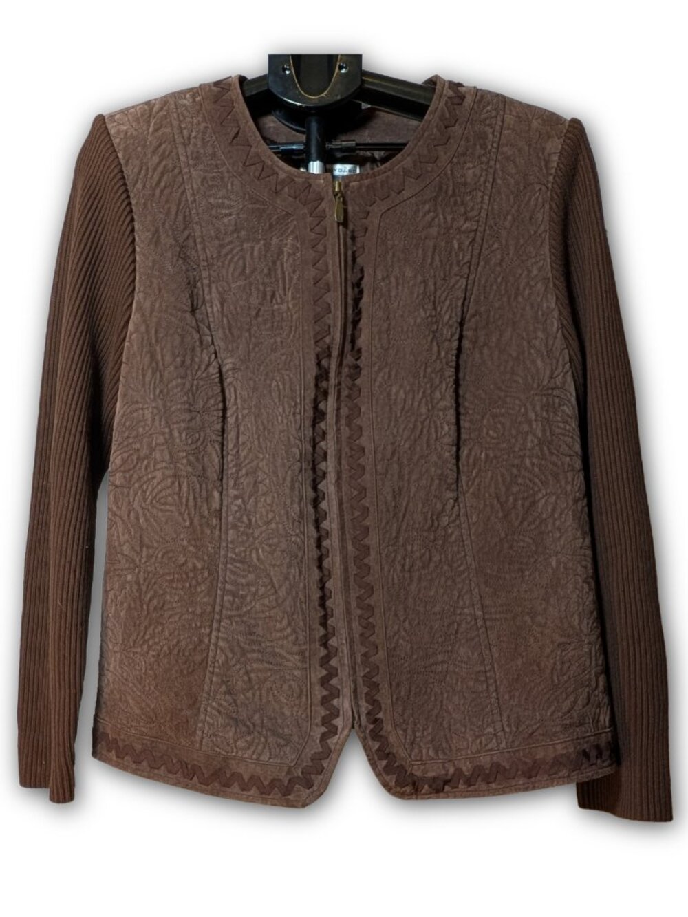 Peter Nygard 1X Brown Suede/Knit Mixed Texture Front Zip Jacket